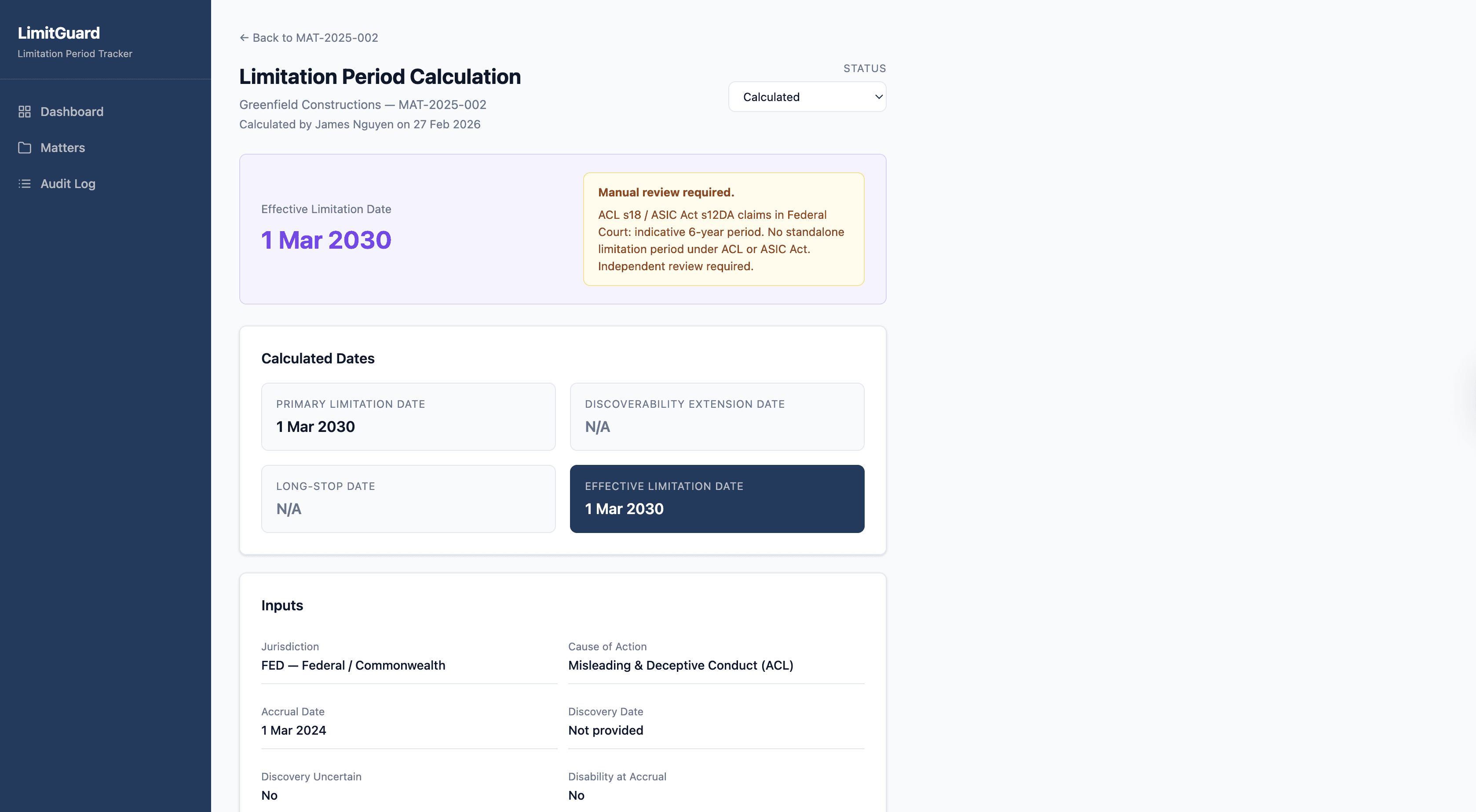 LimitGuard calculation details page showing effective date and manual review notice